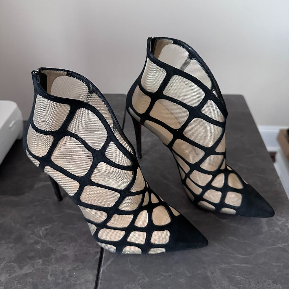 Christian Louboutin Black Araknene 100mm Nude Mesh Ankle Heel Bootie Pumps